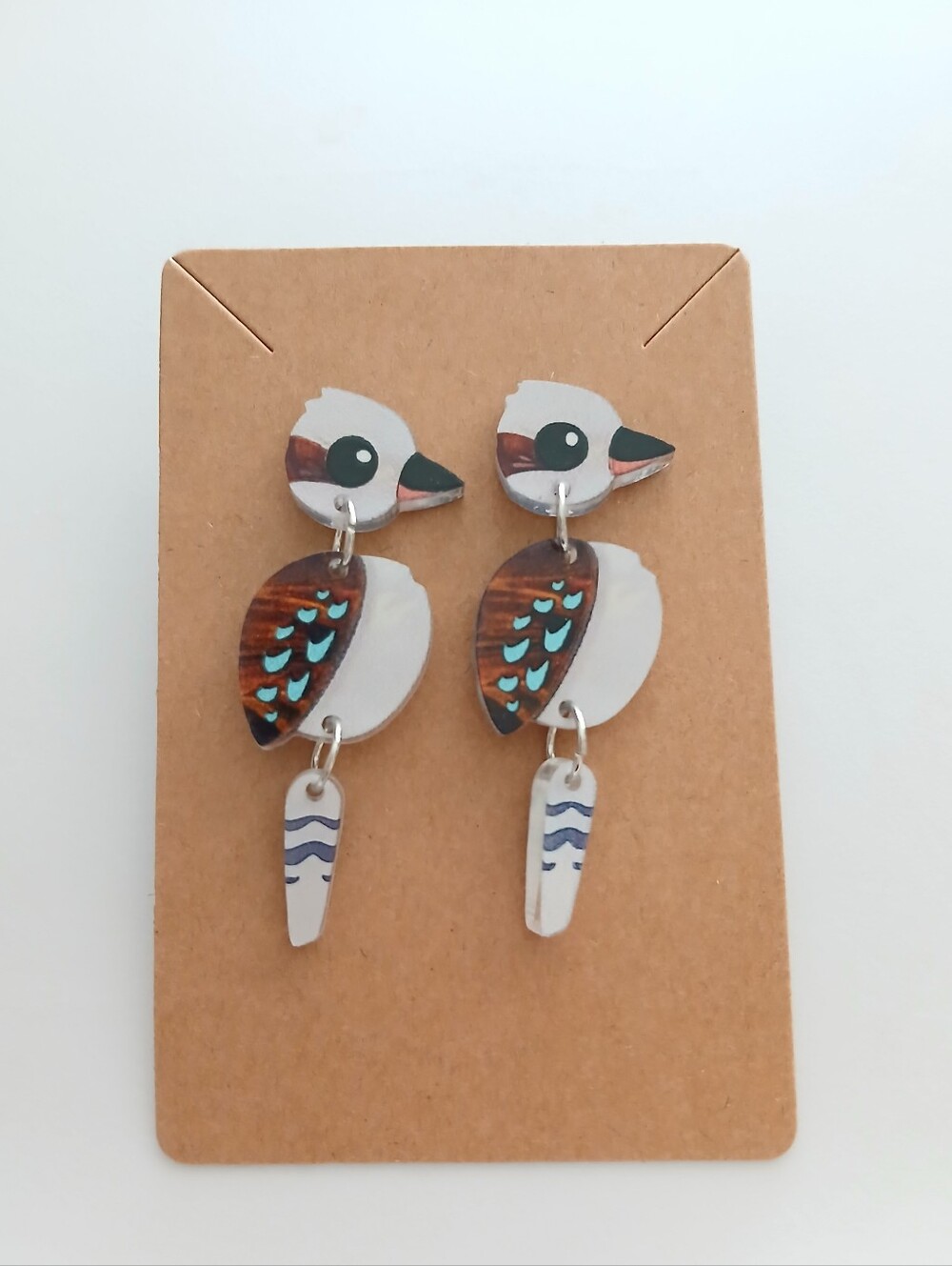Fashion Jewelry Kookaburra Drop Earrings in White, Brown & Teal